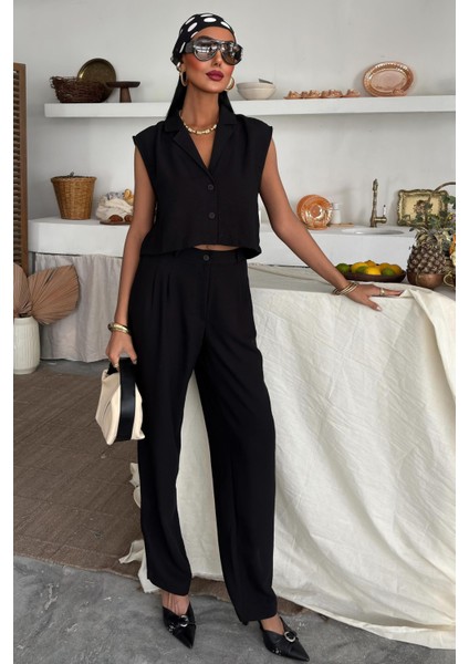 Kadın Siyah Kolsuz Dokuma Crop Takım indirimleri