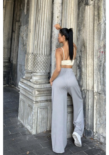 Açık Gri Beli Lastikli, Cepli, Bol Paça, Salaş Pantolon fiyatları