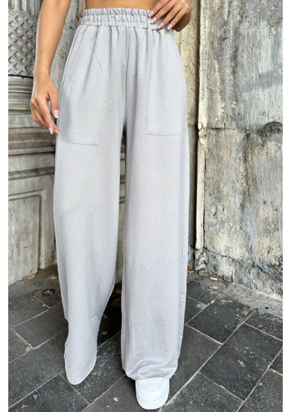 Açık Gri Beli Lastikli, Cepli, Bol Paça, Salaş Pantolon modelleri