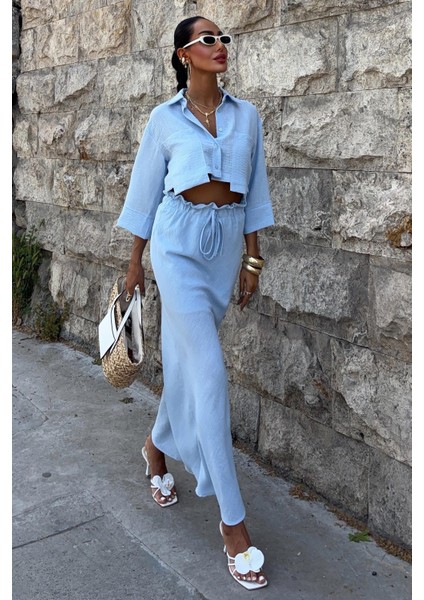 Kadın Mavi Keten Uzun Kollu Büzgülü Takım fiyatları