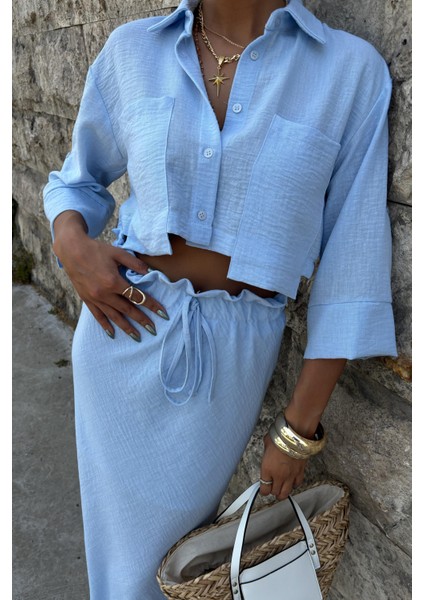 Kadın Mavi Keten Uzun Kollu Büzgülü Takım modelleri