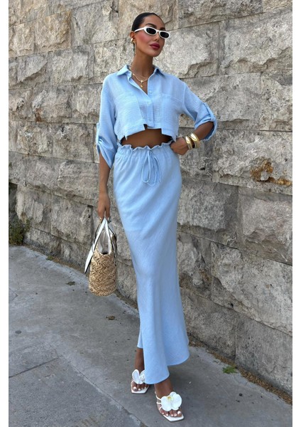 Kadın Mavi Keten Uzun Kollu Büzgülü Takım indirimleri