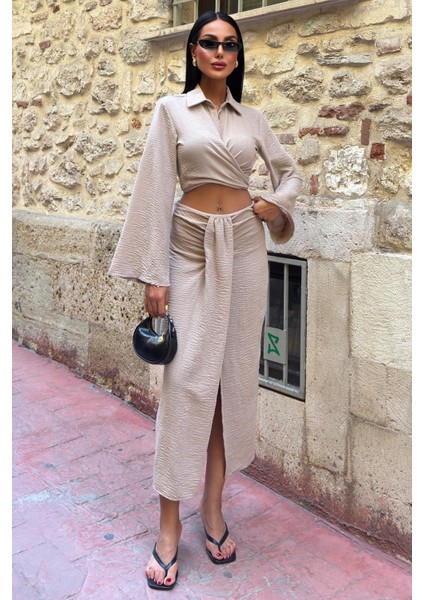 Kadın Vizon Keten Uzun Gömlek Yaka Takım