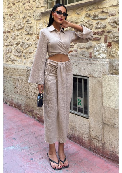 Kadın Vizon Keten Uzun Gömlek Yaka Takım fiyatları