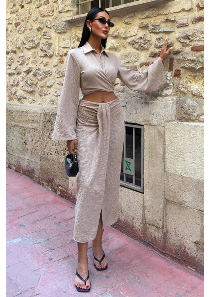 Kadın Vizon Keten Uzun Gömlek Yaka Takım modelleri