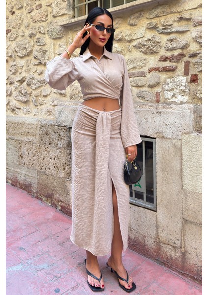 Kadın Vizon Keten Uzun Gömlek Yaka Takım fırsatları