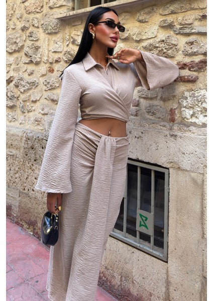 Kadın Vizon Keten Uzun Gömlek Yaka Takım indirimleri