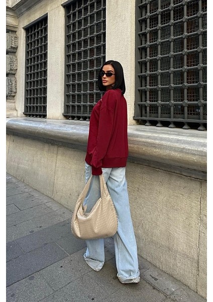 Kadın Bordo Pamuklu Taşlı Oversize Sweatshirt