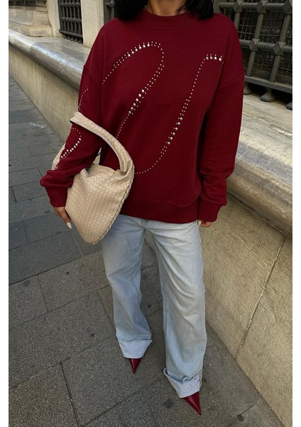 Kadın Bordo Pamuklu Taşlı Oversize Sweatshirt fiyatları