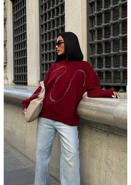 Kadın Bordo Pamuklu Taşlı Oversize Sweatshirt modelleri