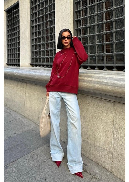 Kadın Bordo Pamuklu Taşlı Oversize Sweatshirt fırsatları