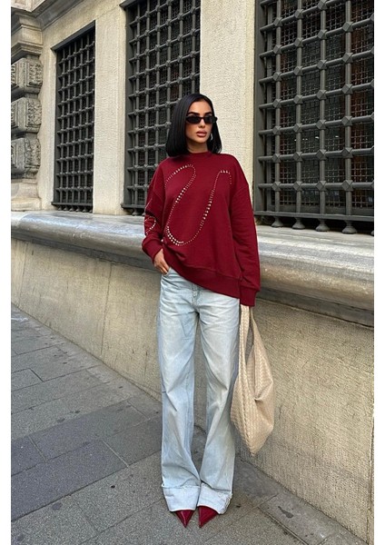 Kadın Bordo Pamuklu Taşlı Oversize Sweatshirt indirimleri