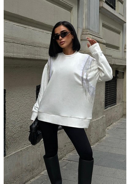 Kadın Kırık Beyaz Oversize Dokuma Uzun Kollu Sweatshirt