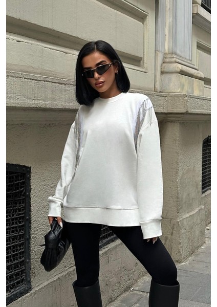 Kadın Kırık Beyaz Oversize Dokuma Uzun Kollu Sweatshirt fiyatları