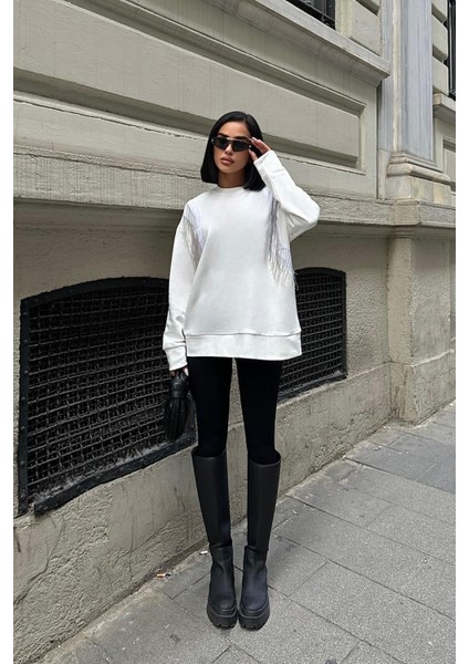 Kadın Kırık Beyaz Oversize Dokuma Uzun Kollu Sweatshirt modelleri