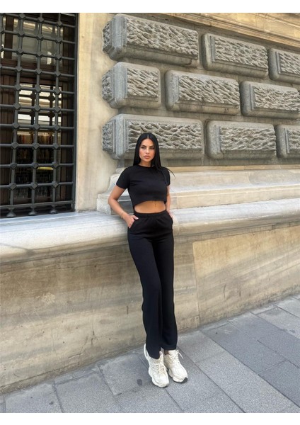 Siyah Modal Polyester Dokulu Bisiklet Yaka Takım fırsatları