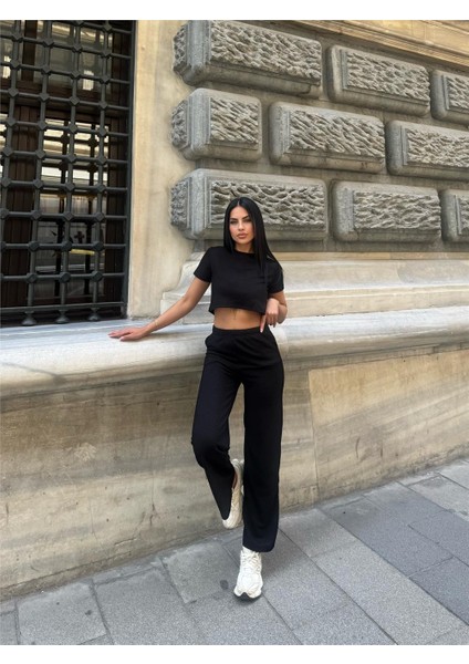 Siyah Modal Polyester Dokulu Bisiklet Yaka Takım indirimleri