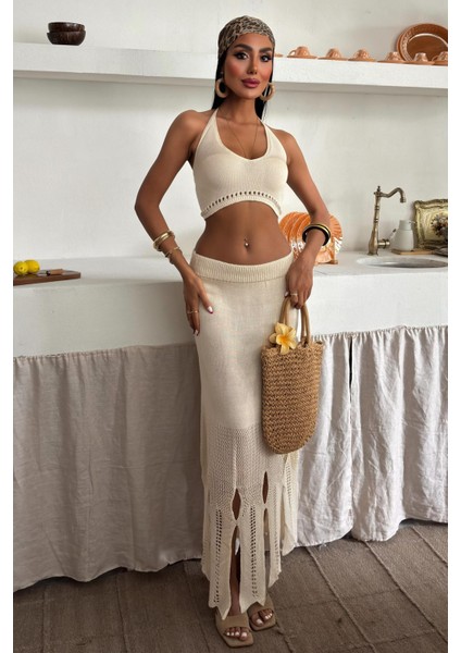 Kadın Ekru Kolsuz Triko Boyundan Bağlamalı Takım fırsatları
