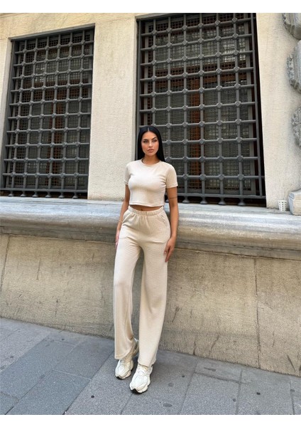 Taş Renk Modal Kumaş Bisiklet Yaka Takım modelleri