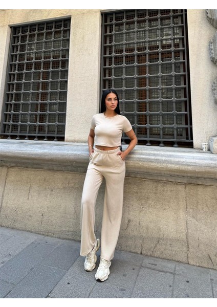 Taş Renk Modal Kumaş Bisiklet Yaka Takım fırsatları