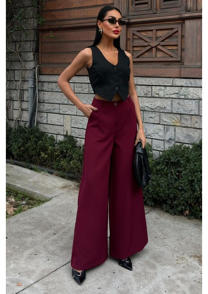 Kadın Bordo Uzun Dokuma Bol Paça Pantolon fiyatları