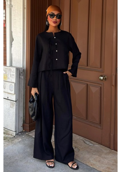 Kadın Siyah Keten Oversize Ikili Takım