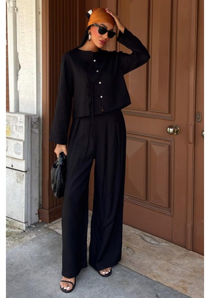 Kadın Siyah Keten Oversize Ikili Takım fiyatları