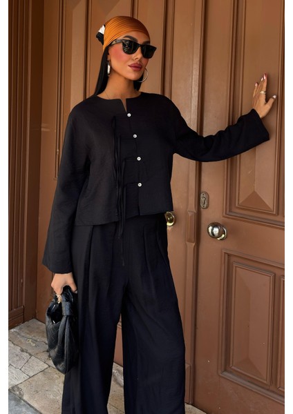 Kadın Siyah Keten Oversize Ikili Takım indirimleri