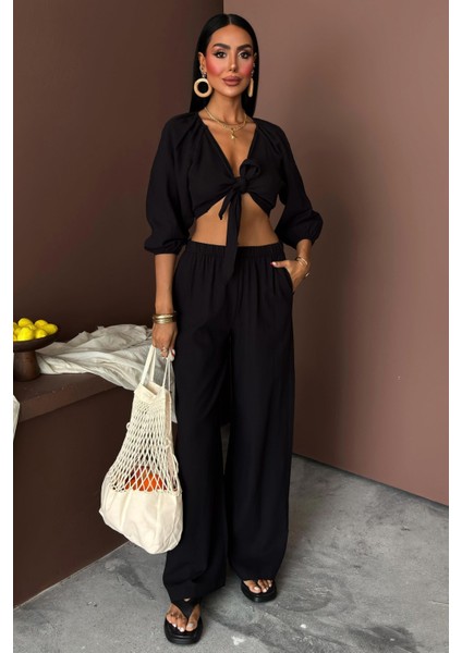 Kadın Siyah Kruvaze Keten Balon Kollu Uzun Takım