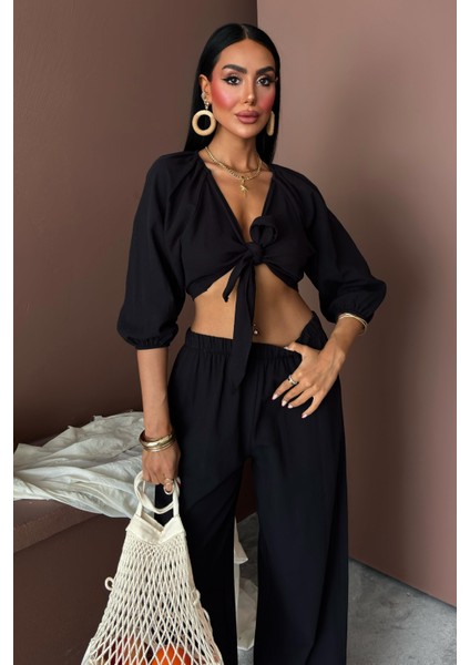 Kadın Siyah Kruvaze Keten Balon Kollu Uzun Takım fiyatları