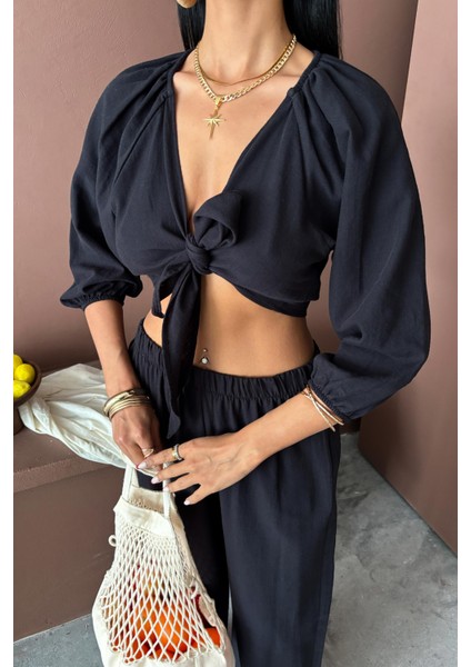 Kadın Siyah Kruvaze Keten Balon Kollu Uzun Takım modelleri