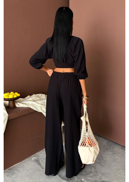 Kadın Siyah Kruvaze Keten Balon Kollu Uzun Takım fırsatları