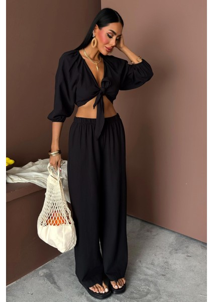 Kadın Siyah Kruvaze Keten Balon Kollu Uzun Takım indirimleri