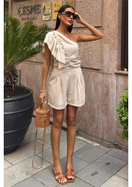 Kadın Taş Keten Tek Omuz Fırfırlı Asimetrik Takım