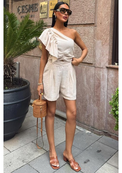 Kadın Taş Keten Tek Omuz Fırfırlı Asimetrik Takım fiyatları