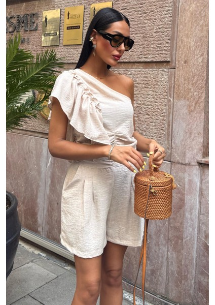 Kadın Taş Keten Tek Omuz Fırfırlı Asimetrik Takım modelleri