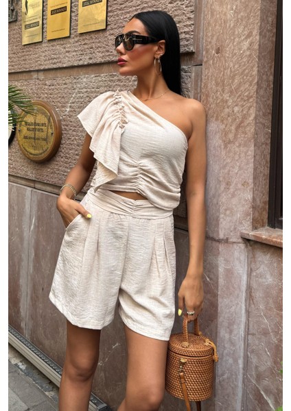 Kadın Taş Keten Tek Omuz Fırfırlı Asimetrik Takım indirimleri