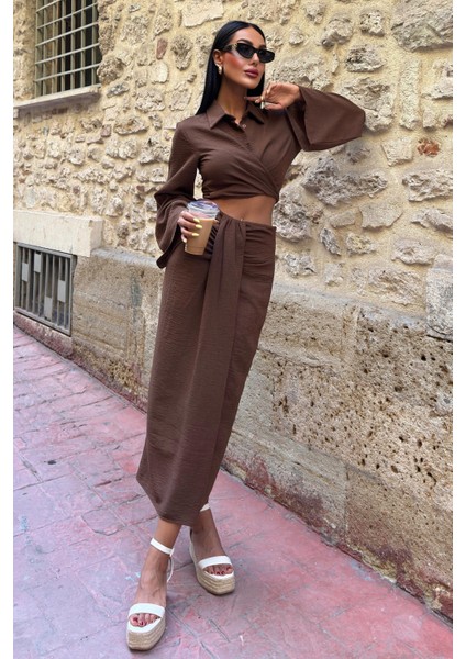 Kadın Kahve Keten Uzun Gömlek Yaka Ikili Takım fiyatları