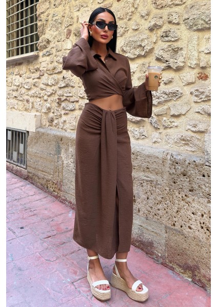 Kadın Kahve Keten Uzun Gömlek Yaka Ikili Takım modelleri