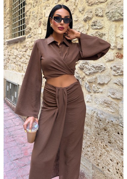Kadın Kahve Keten Uzun Gömlek Yaka Ikili Takım fırsatları
