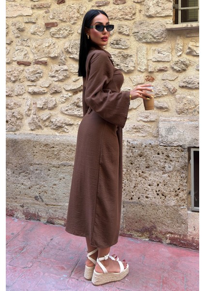 Kadın Kahve Keten Uzun Gömlek Yaka Ikili Takım indirimleri