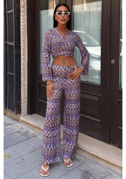 Kadın Lila Desenli Polyester Uzun Kolsuz Takım
