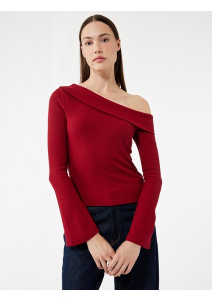 Pamuklu Slim Fit Uzun Ispanyol Kollu Omzu Açık Tişört