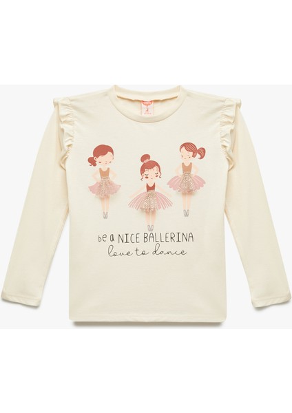 Balerin Baskılı Uzun Kollu Bisiklet Yaka Pamuklu Tişört