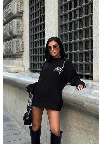 Kadın Siyah Dokuma Oversize Uzun Kollu Sweatshirt