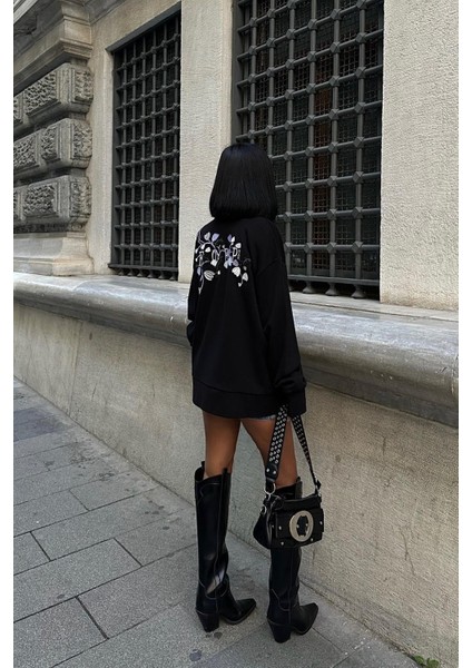 Kadın Siyah Dokuma Oversize Uzun Kollu Sweatshirt fiyatları