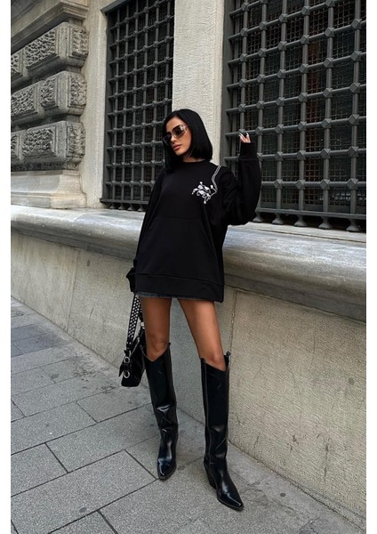 Kadın Siyah Dokuma Oversize Uzun Kollu Sweatshirt modelleri