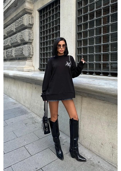 Kadın Siyah Dokuma Oversize Uzun Kollu Sweatshirt fırsatları