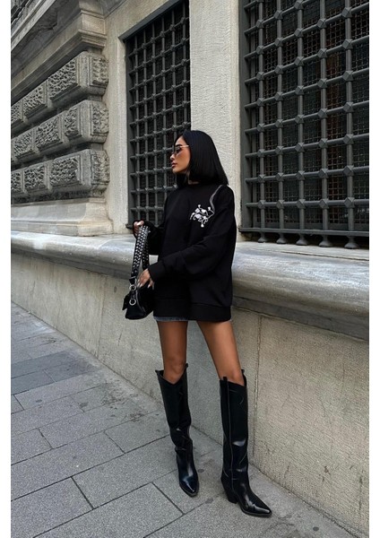 Kadın Siyah Dokuma Oversize Uzun Kollu Sweatshirt indirimleri