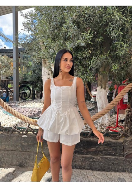 Beyaz Pamuk Polyester Kare Yaka Balon Bluz fırsatları